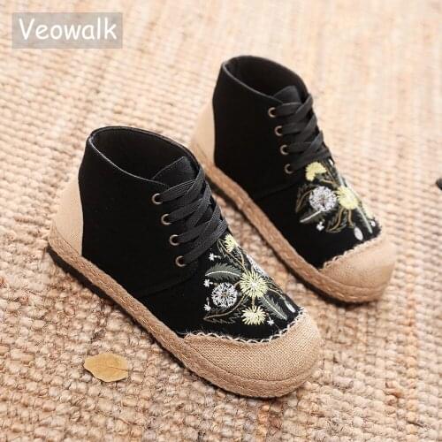 Veowalk Flowers Embroidered Handmade Women Canvas High Top Lace Up Espadrilles Sneakers Comfortable Ladies Casual Flat Shoes