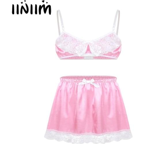 Iiniim Mens Lace Costumes Sissy Lingerie Set Babydoll Feminine Bra Top with Mini Skirt Cross Dresser for Gay Male Sexy Underwear