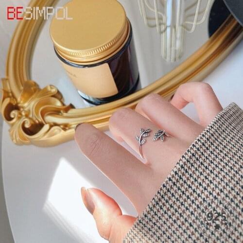 Besimpol Genuine 925 Sterling Silver Ring Retro Vintage Leaves Adjustable Open Rings For Women Fashion Fine Jewelry Party Gifts