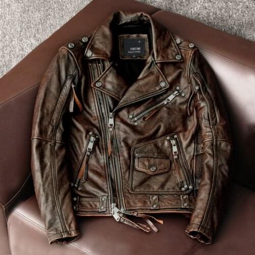 Vintage Real Leather Jacket Men Cow Leather Coat Mens Clothing Zippers Streetwear Motorcycle Coats and Jackets 2021 New WPY2330