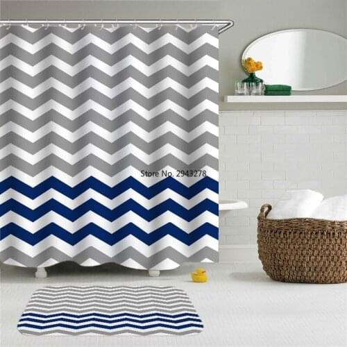 Stripe Geometry Shower Curtain Mat Set Printed Waterproof Polyester Bath Curtain Velvet Anti-slip Bathroom Toilet with 12 Hooks