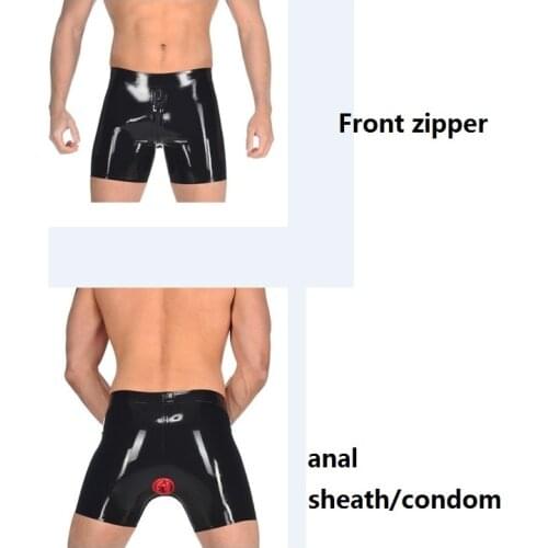 New sexy plus big Men Latex Rubber Fetish Shorts Underwear with an Attached Anal Sheath Front Zipper
