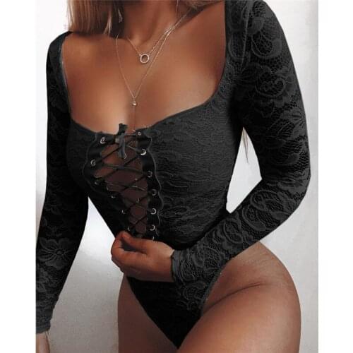 Slim Solid Hollow Out Lace Bodysuit Women Spring Autumn Clothes Long Sleeve See Through Sexy Criss Cross Jumpsuit Romper Female