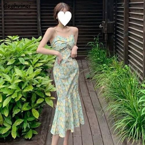 Dress Women Trumpet V-neck Spaghetti Strap Green Floral Korean Style Beach Vintage Slim Sexy Ladies Simple Chic Abdomen Elegant