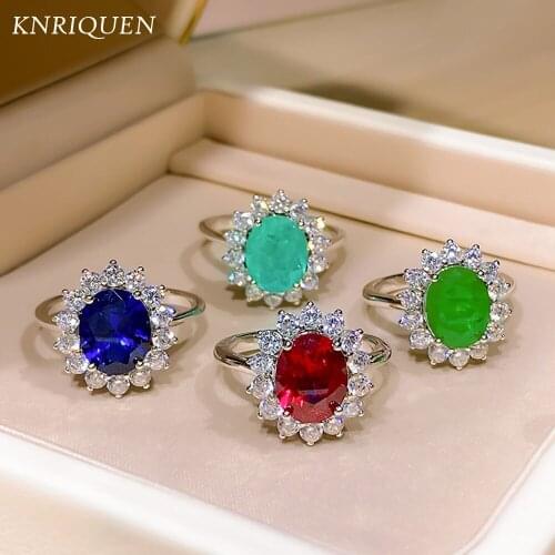 Luxury 925 Sterling Silver 8*10mm Paraiba Tourmaline Sapphire Ruby Emerald Stone Rings for Women Lab Diamond Fine Jewelry Gifts