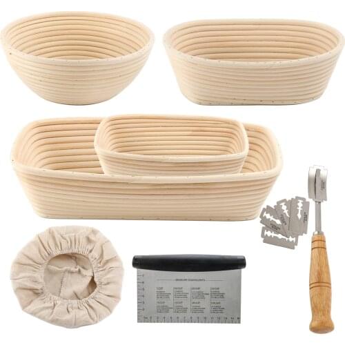 Round Oval Bannetons Rattan Bread Proofing Basket Kit Bortforms Bread Baking Mold Bakeware Tools w/Linen Cover Dough Scraper