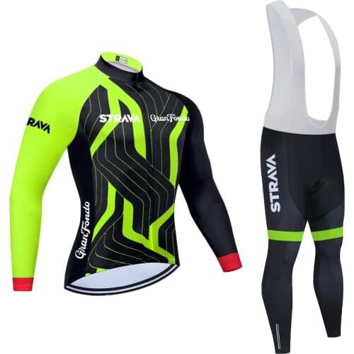 2021 STRAVA Spring/Autumn Cycling Jersey 20D Bib Set MTB Uniform Bike Clothing Quick Dry Bicycle Clothes Men Long Cycling Wear