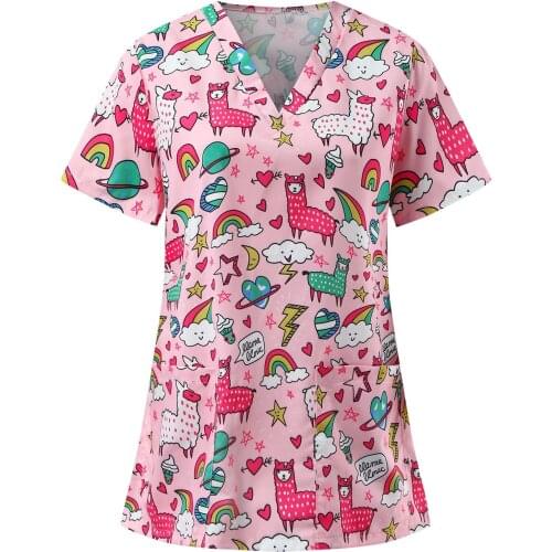 2021 Women Short Sleeve V-neck Cartoon Animal Print Tops Nursing Working Uniform T-shirts Nurse Uniform Clinic Care Workers Tops