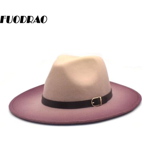 FUODRAO Autumn Winter Wool Fedoras Hat Women Belt Gradient Color Jazz Cap Man Wide Brim Panama British Travel Cowboy Hats D5