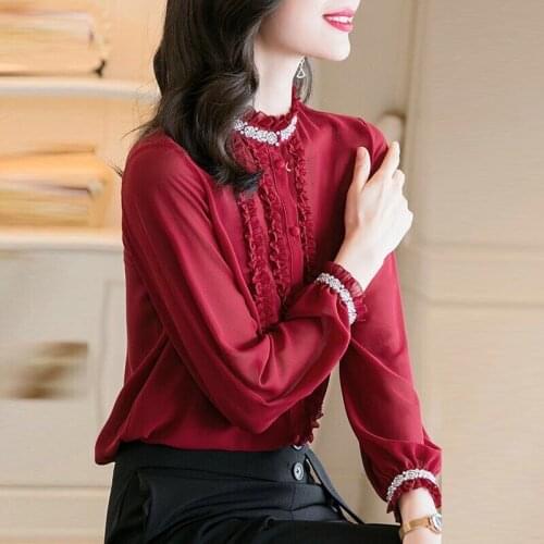 Spring Fall Office Lady Career Women Pearls Beading Ruffles Stand Collar Chiffont Top Blouse , Woman 3xl Wine Red Blouses Tops