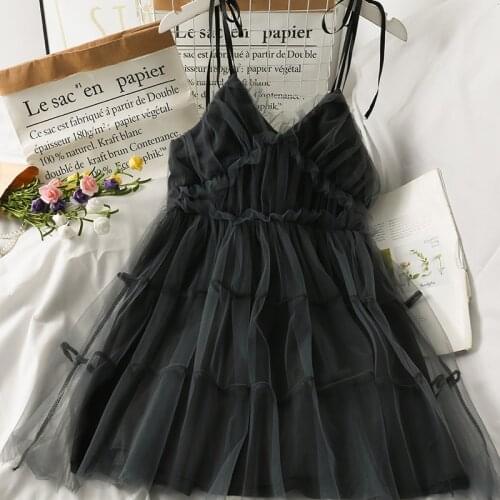 Gothic Sexy Dress V Collar Vintage Spaghetti Strap Mesh Patchwork Mini Dresses 2021 Summer High Waist Dress For Women