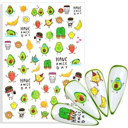1 Sheet New 3D Stickers for Nails Cartoons Fruit Pineapple Avocado Banana Nail Sticker Foil Adhesive Decals Nail Art Decorations