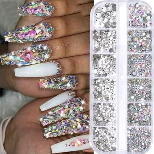 12 Grids Colorful Crystal Nail Art Rhinestones Acrylic Nail Stones Beads Studs Flat Back Glitter Tips 3D Nails Art Decorations
