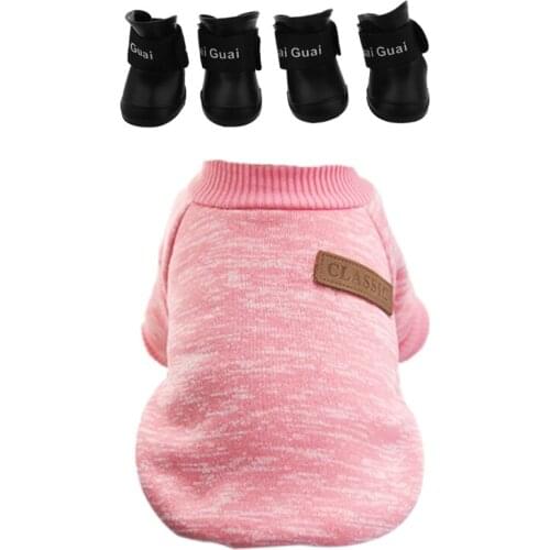 2 Set Pet Accessories: 1 Set Winter Warm Dog Clothes Puppy Cat Jacket Soft Sweater Clothes S Pink & 1 Set Black S,Rubber Dog Wat