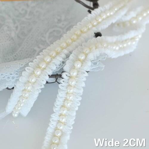2CM Wide White Glitter Pleated Mesh Lace Fabric Embroidered Ribbon Clothing Collar Cuffs Beaded Fringe Trim DIY Sewing Supplies