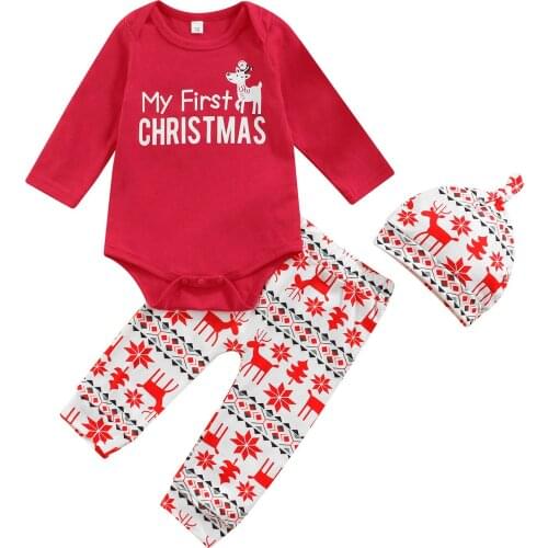 2021 0-24M Infant Baby Girl Boy Clothes Set MY FIRST CHRISTMAS Letter Print Long Sleeve Romper+Elk Pants+Hat Costume 3pcs