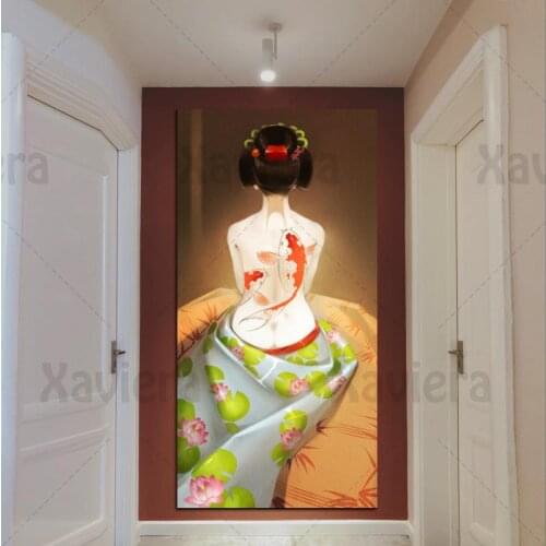 Anime Poster Decor Canvas Painting Japanese Woman Kimono Back View Koi Lotus Decor For Home Japanese Restaurant Hotel Wall Art