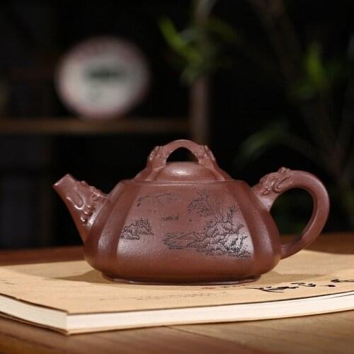 Ore purple sand tea set square purple clay teapot cup pot smoking longhorn is carved a undertakes painting landscape