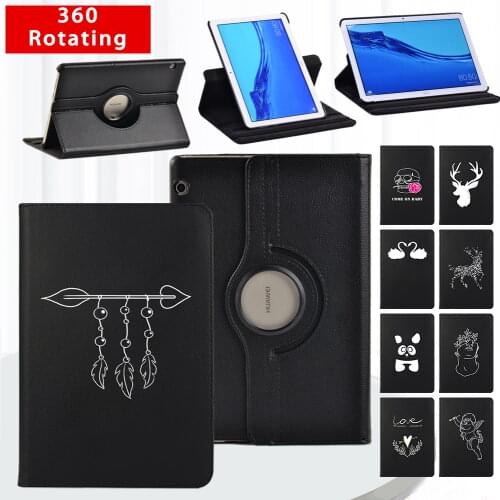 Tablet 360 Rotating Case for Huawei MediaPad T3 10 9.6"/T5 10 10.1" - Simple White Image Leather Stand Cover Case + Free Stylus