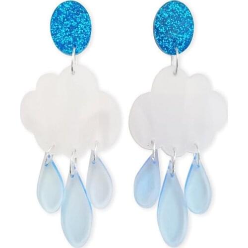 Cloud Statement Earrings - Stud Big Rain Glitter Blue Perspex Colorful Sparkle Acrylic Quirky Cute Rad Kitsch Stormy Feelings
