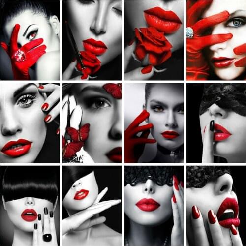 Huacan Diamond Mosaic Embroidery Woman 5D DIY Diamond Painting Black And Red Portrait Needlework Beaded Pictures Home Decor