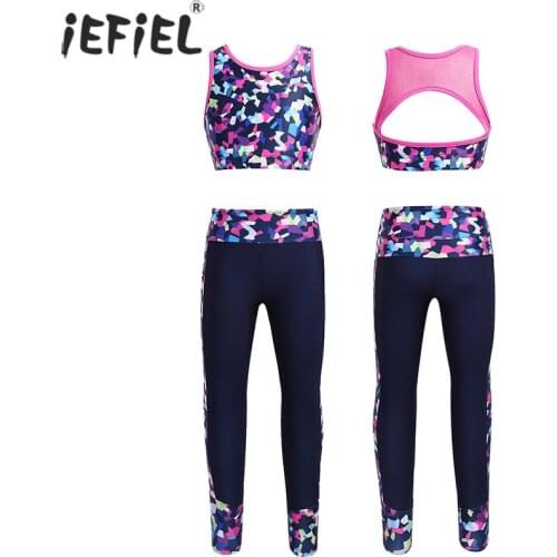Kids Girls Sport Wear Sets Gymnastics & Dancewear Outfit Digital Print Sleeveless Mesh Racer Back Tanks Crop Top with Leggings