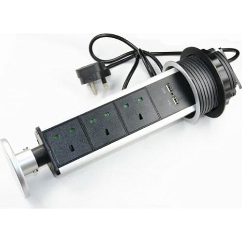 Tabletop 3 UK Plug Power 2 USB Tensile Pulling Pop Up Power Outlet Home Kitchen Hidden Electric Round Socket with LED Indicator