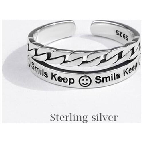 Sole Memory Creative Cute Smiley Letters 925 Sterling Silver Female Resizable Opening Rings SRI708