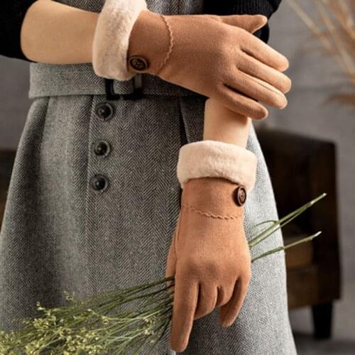 Female Winter Touch Screen Warm Gloves Women Suede Leather Plus Velvet Thick Windproof Button Sport Cycling Driving Mittens E86