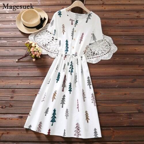 New Short Sleeve Summer Women Dress O-neck Tree Printed Party Dress Cotton Loose White Dresses For Women Casual Femme Robe 4616