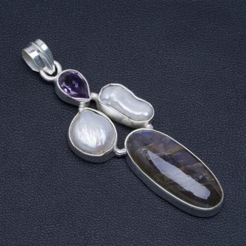 Natural Blue Fire Labradorite,Biwa Pearl and Amethyst Unique 925 Sterling Silver Pendant 2.5" A4865