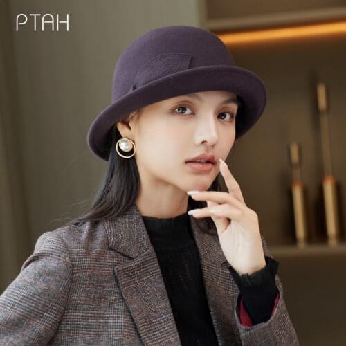 [PTAH] Fedora Hat For Women Temperament Elegant Church 2021 Autumn Winter Ladies 100% Wool High Quality Top Hat Banquet Fedoras