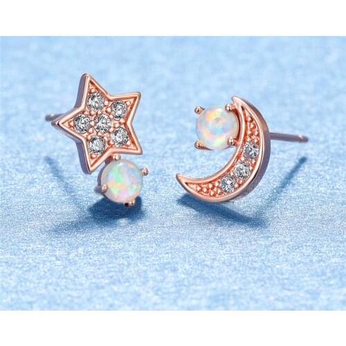 Rose Gold Silver Color Stud Earrings Cute Star Moon Small Wedding Earrings Minimalist Female White Blue Opal Earrings For Women