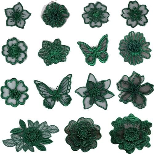 Dark Green Small Lace Flower Embroidery Patches for Clothing Iron on Clothes Dress Chiffon Butterfly Appliques Handwork Craft