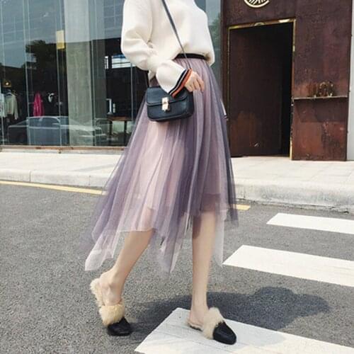 U-SWEAR Spring Spliced Tulle Contrast Color Asymmetric A-line Long Skirts Elastic Waisted Layered Mesh High Low Skirts Faldas