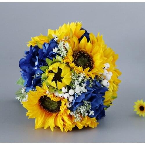 Yellow Sunflower Bride Bouquet Fake Flowers Marriage Party Accessories Bridal Bouquets Blue Wedding Flower Decoratiion