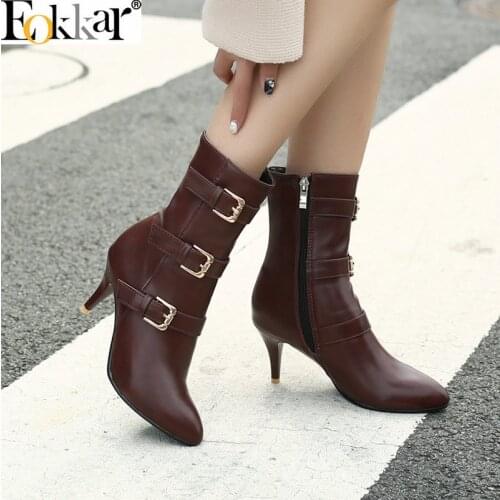 Eokkar 2020 Stiletto Heels Ankle Winter Boots Women Pointed Toe High Heel Winter Shoes Zipper Black Ladies Boots Plus Size 34-45
