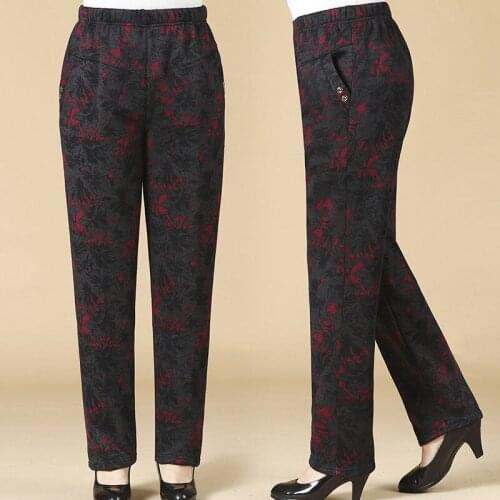 2021 Women Winter Winter New Thicken Cotton Trousers Female Printed Warm Pants Ladies Middle-aged Loose Straight Pants E451