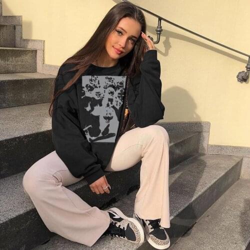 Female Pullover Portrait Print Women Hoodie Round Neck Long Sleeve Tops Spring Fall Swearshirt Brown Black