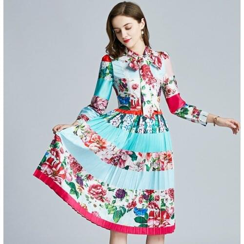 Women Designer Floral Dress French Long Sleeve Bow Neck A-line Dresses Spring Bohemian Print Splice Lace Midi Long Dress