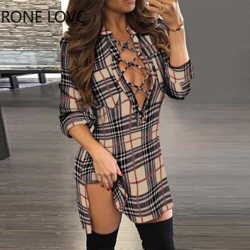 Women Side Slit Plaid Lace-Up Shirt Dress Bodycon Party Sexy Dress Elegant Fashion Dress