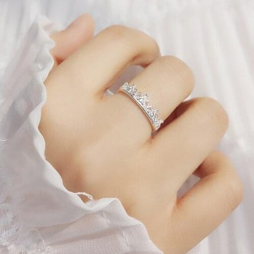 925 Sterling Silver Sweet Princess Small Crown Hollow Flower Finger Resizable Rings For Women Korean Fashion Jewelry