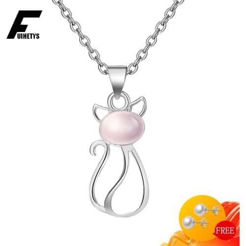 925 Silver Jewelry Necklace Cat Shape Rose Quartz Gemstone Pendant for Women Wedding Engagement Party Gift Accessories Wholesale