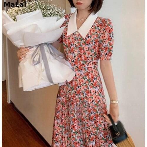 Korean Casual 2021 Summer Sweet Elegant Dress Women Short Sleeve Floral Printed Dress Office Lady Party Beach One Piece Dresses