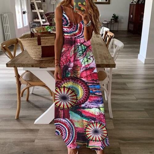 Women Boho Print Maxi Slip Loose Dress Ladies Elegant Plus Size Party Dress Summer Beach Holiday Sexy Dress Vestidos Female 2021
