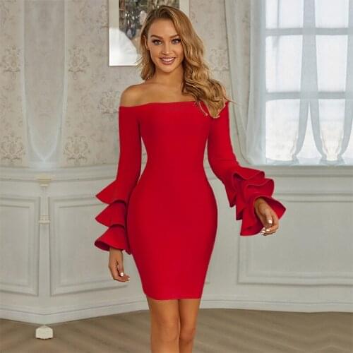 2021 Sexy Off Shoulder Long Sleeve Ruffles Beige Women Bodycon Bandage Dress Designer Fashion Evening Party Dress Vestido