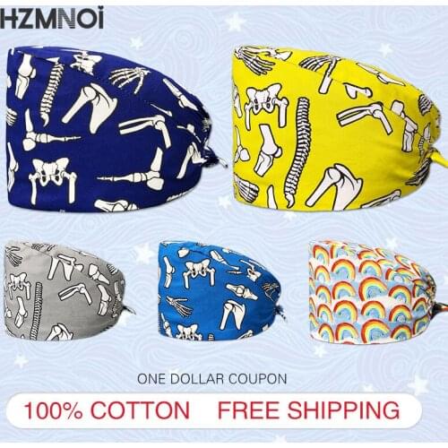 100% Cotton Skull Frame Horror Print Ladies Nurse Cap Surgical Cap Adjustable Work Cap Beauty Salon Nursing Cap Scrub Cap