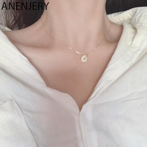 925 Sterling Silver Hollow Round Circle Compass Necklace Gold Clavicle Chain Cubic Zircon Necklace For Women S-N544