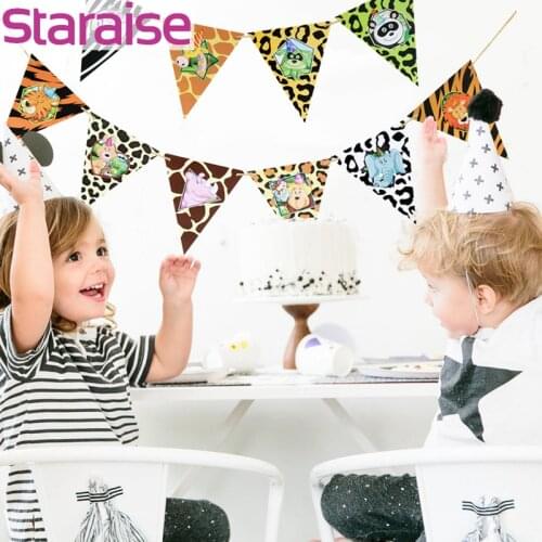 Happy Birthday paper Banner summer annimal Party Decor for Kids palm leaf banner tiger lion panda Safari Jungle Party Decor