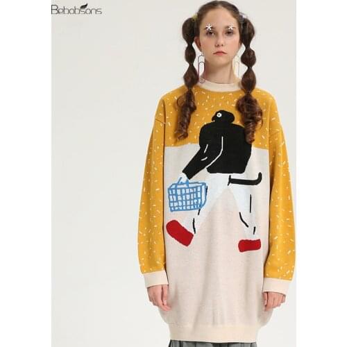 Bebobsons Latest Fall Winter Original Women Knitted Dress Ladies Pullovers Sweaters Long Playful Jacquard Loose Dresses Thick